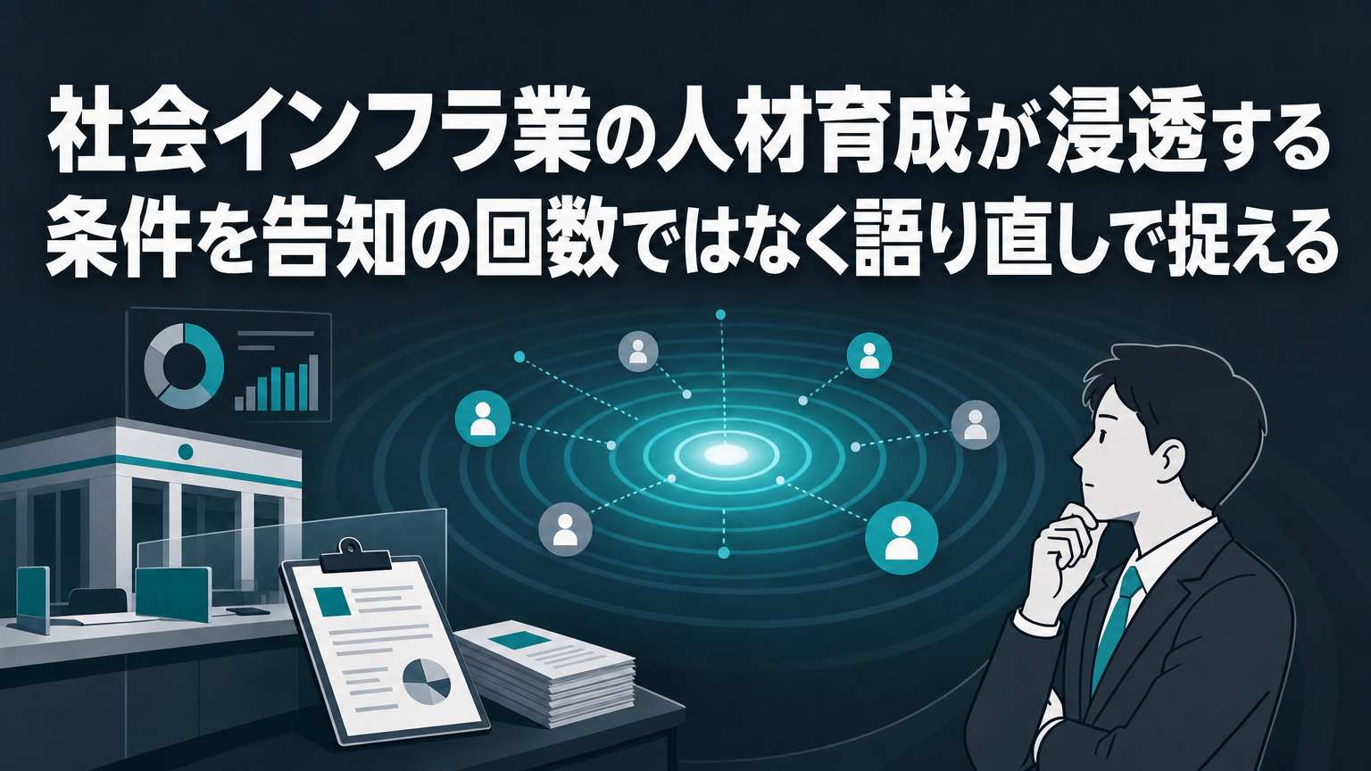社会インフラ業の人材育成が浸透する条件を告知の回数ではなく語り直しで捉えるの内容を表すビジネス研修のイメージ