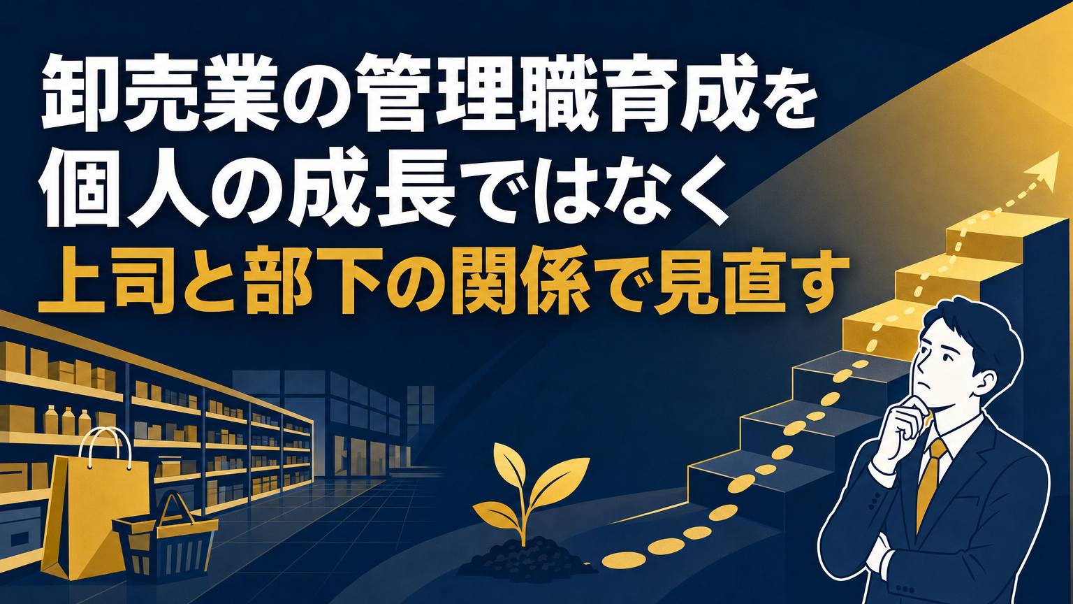 卸売業の管理職育成を個人の成長ではなく上司と部下の関係で見直すの内容を表すビジネス研修のイメージ