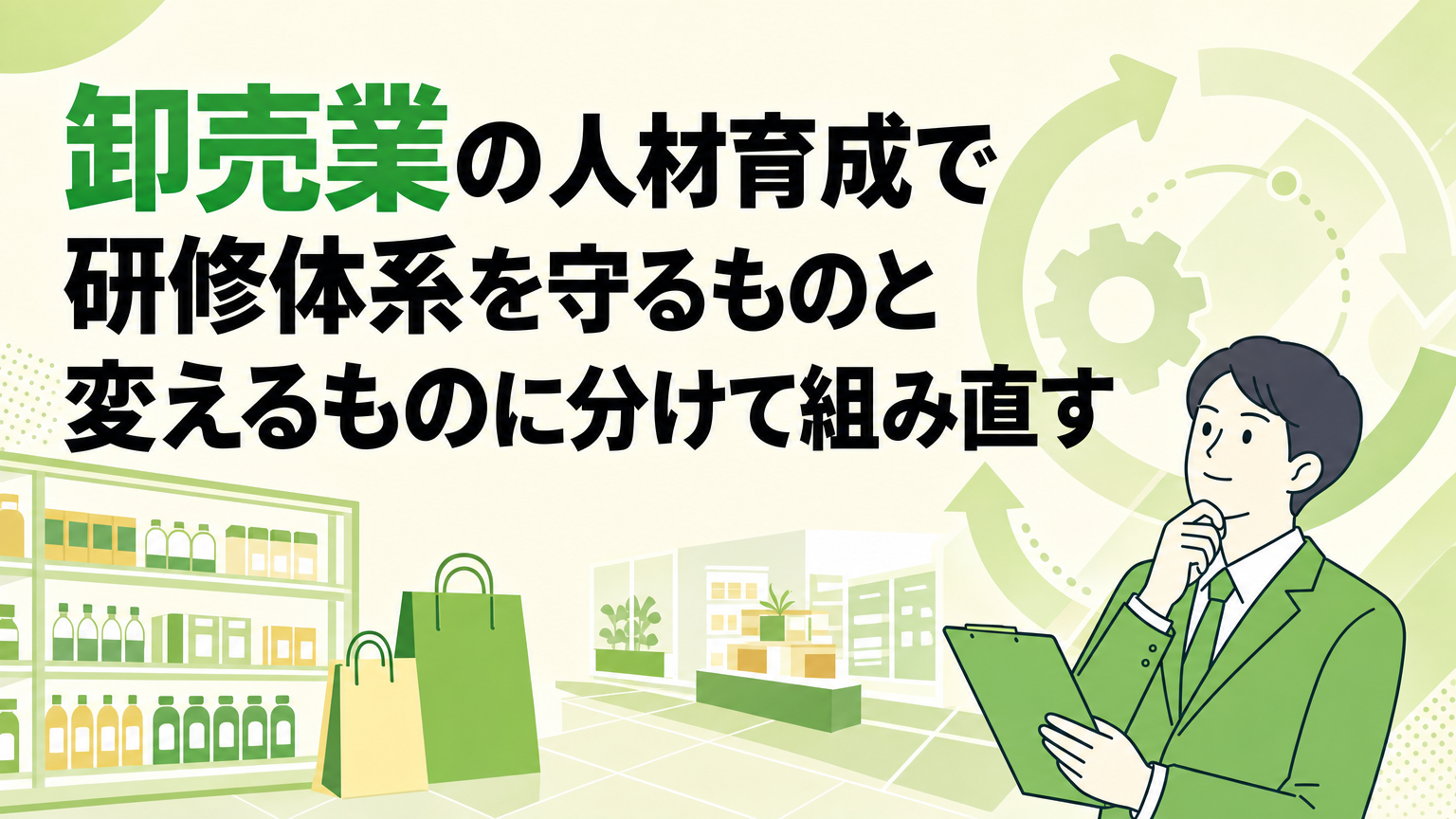 卸売業の人材育成で研修体系を守るものと変えるものに分けて組み直すの内容を表すビジネス研修のイメージ