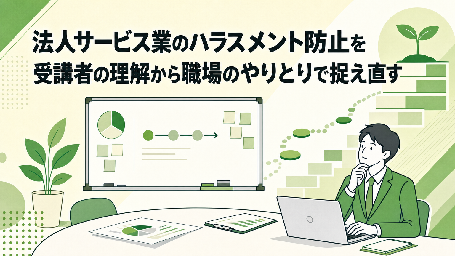 法人サービス業のハラスメント防止を受講者の理解から職場のやりとりで捉え直すの内容を表すビジネス研修のイメージ