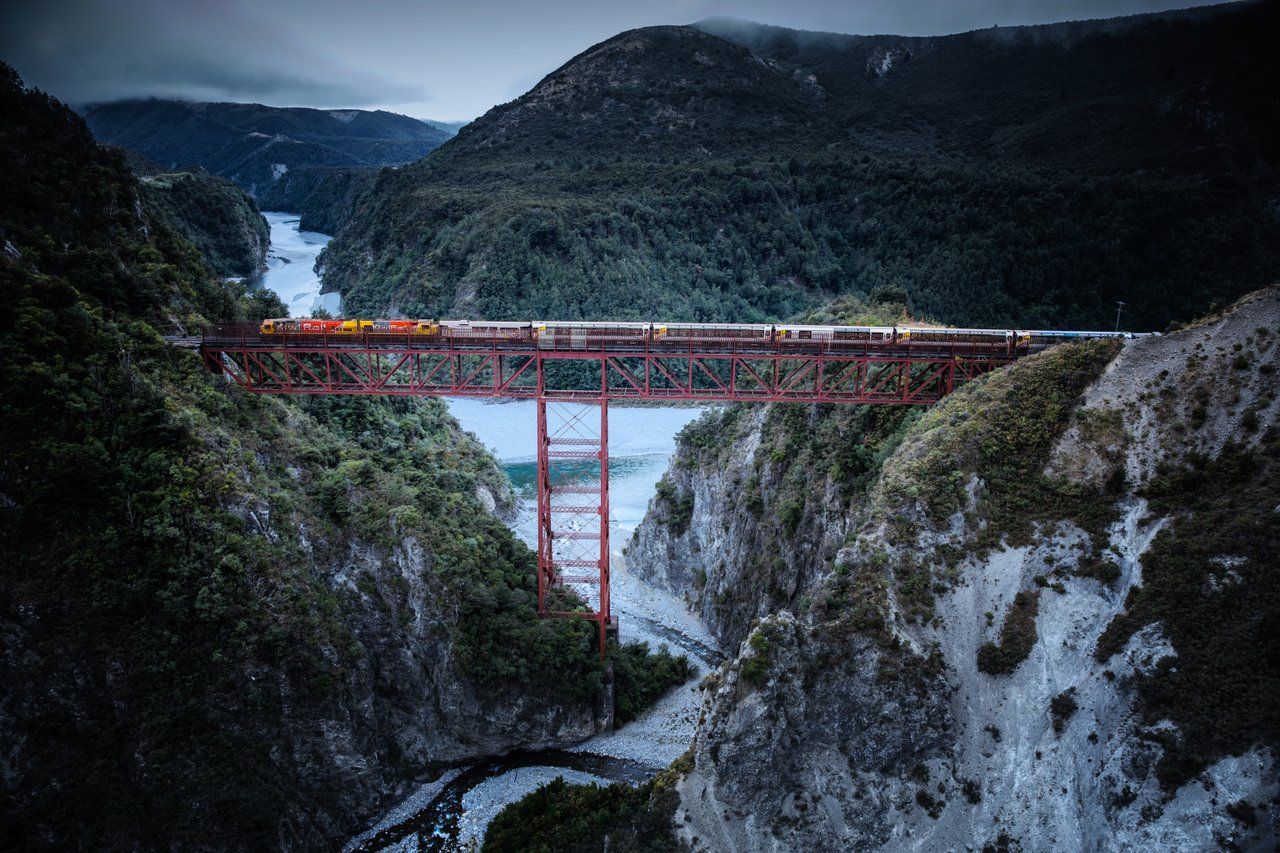 The TranzAlpine train crossing the Staircase Viaduct