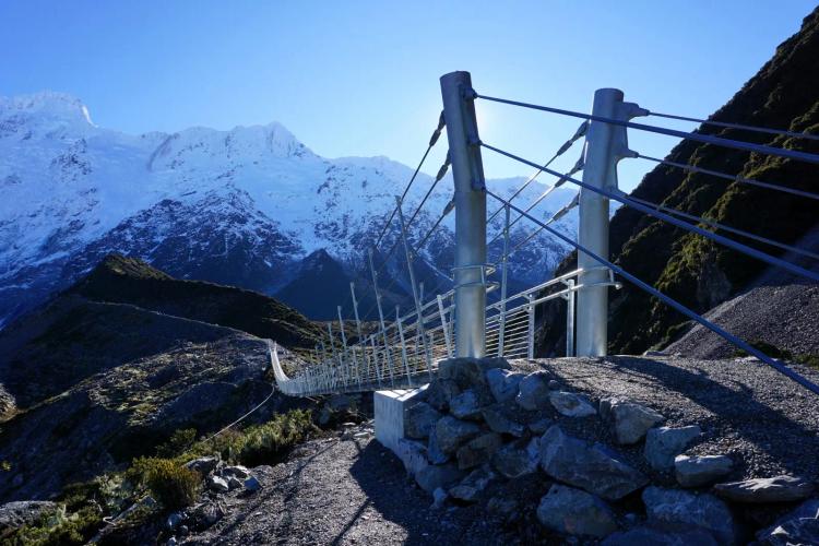 New Hooker Valley Suspension Bridge with Mountain Backdrop