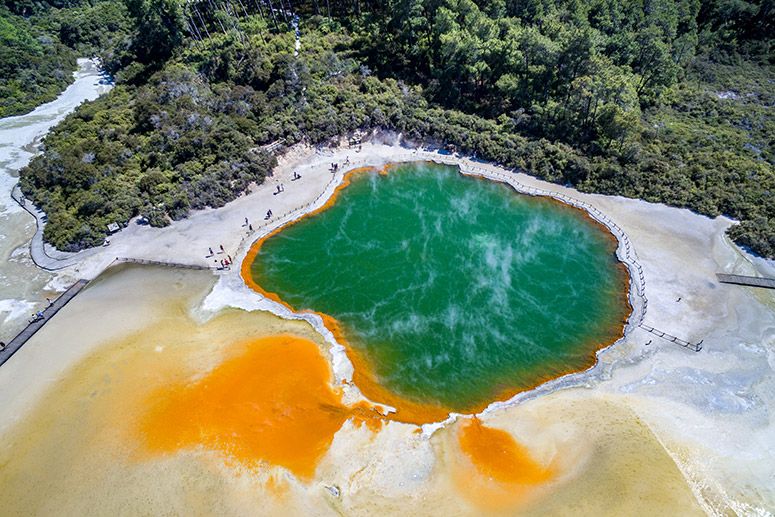 Aerial view of the colourful geothermal pools at Wai-O-Tapu