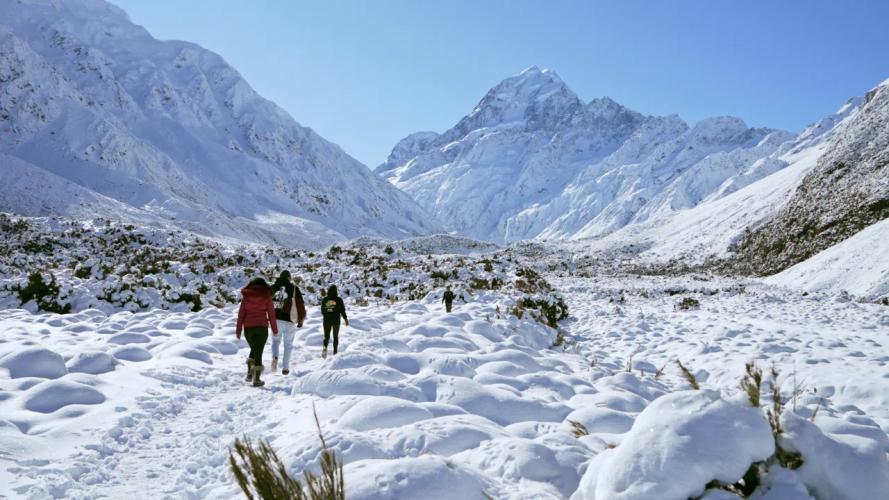 Cheeky Kiwi guests walking Hooker Valley Track in Winter
