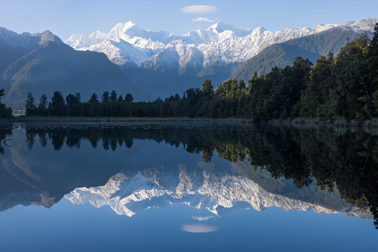 Lake Matheson reflecting the Southern Alps