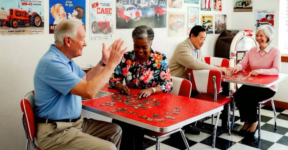 Residents playing games in Gardens on Quail's 1950s-themed dining room
