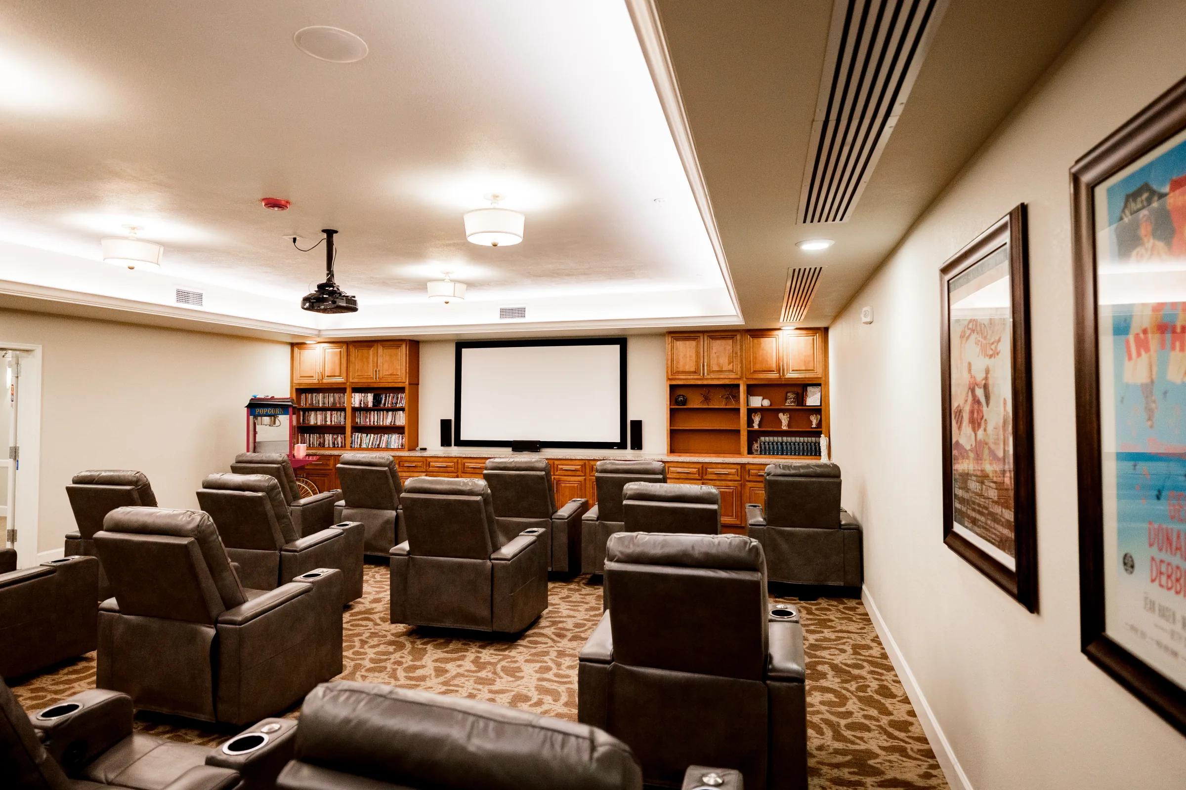 Stonebridge home theater viewed from the side with framed vintage film posters