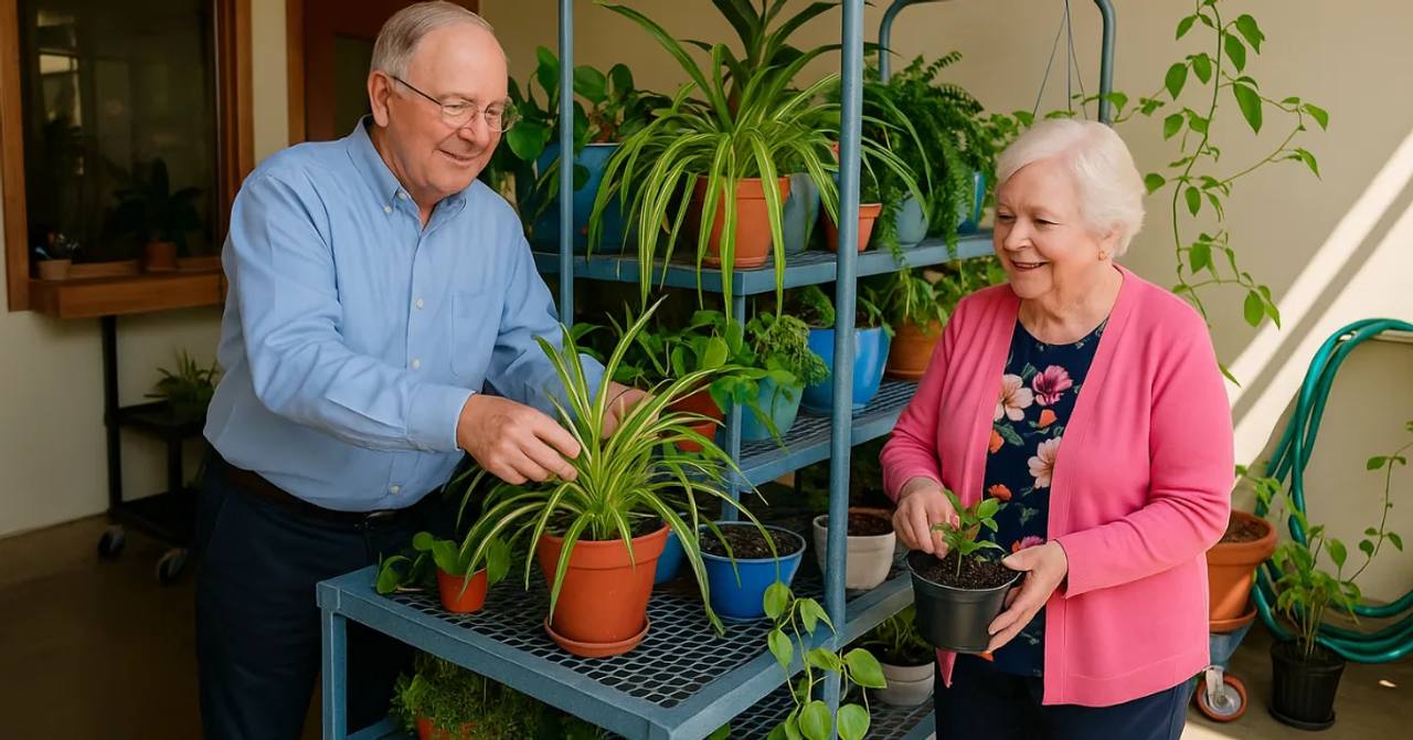 Gardens on Quail resident couple sharing potted plants in a plant-filled sunroom
