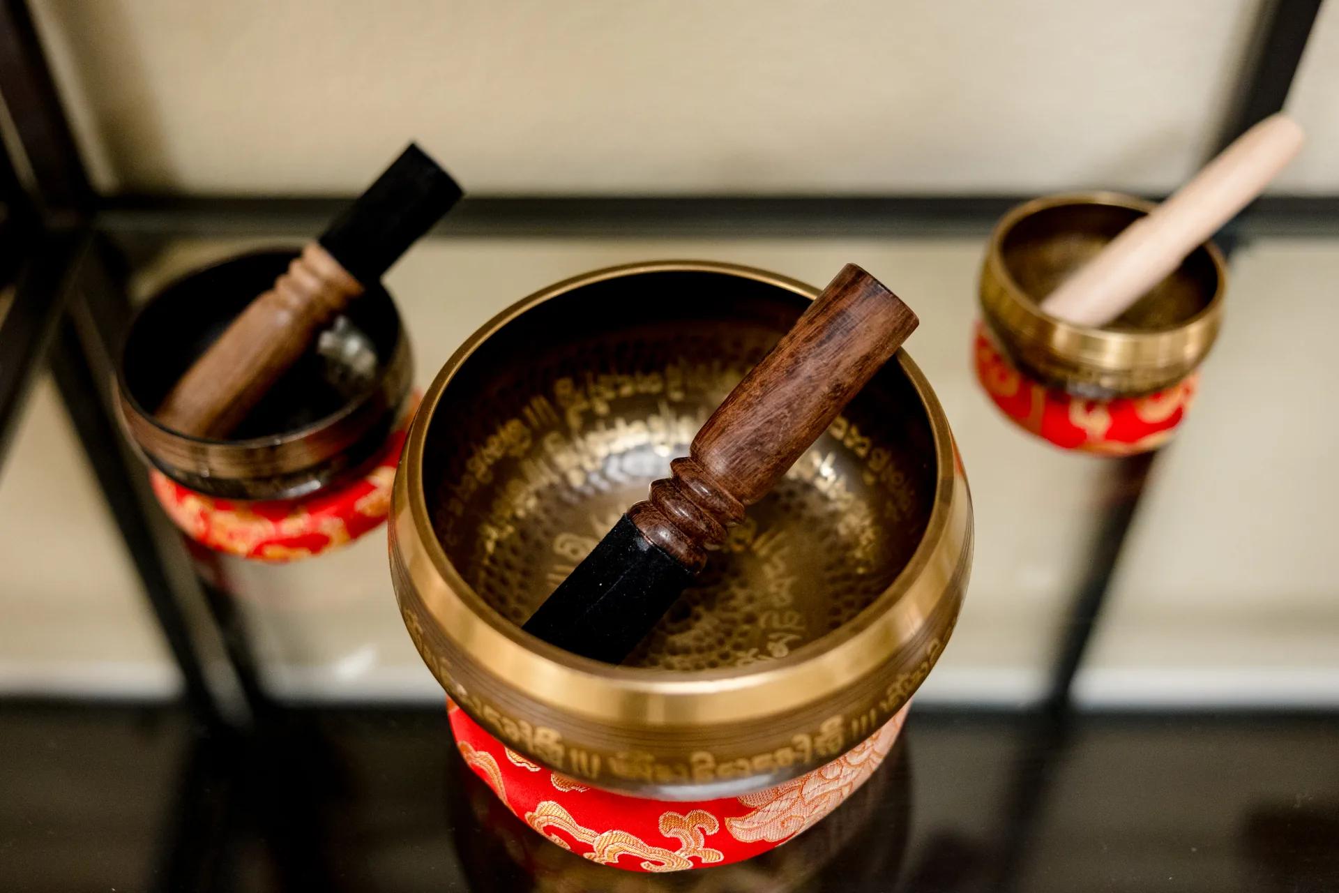 Three singing bowls displayed in the Stonebridge Senior meditation room
