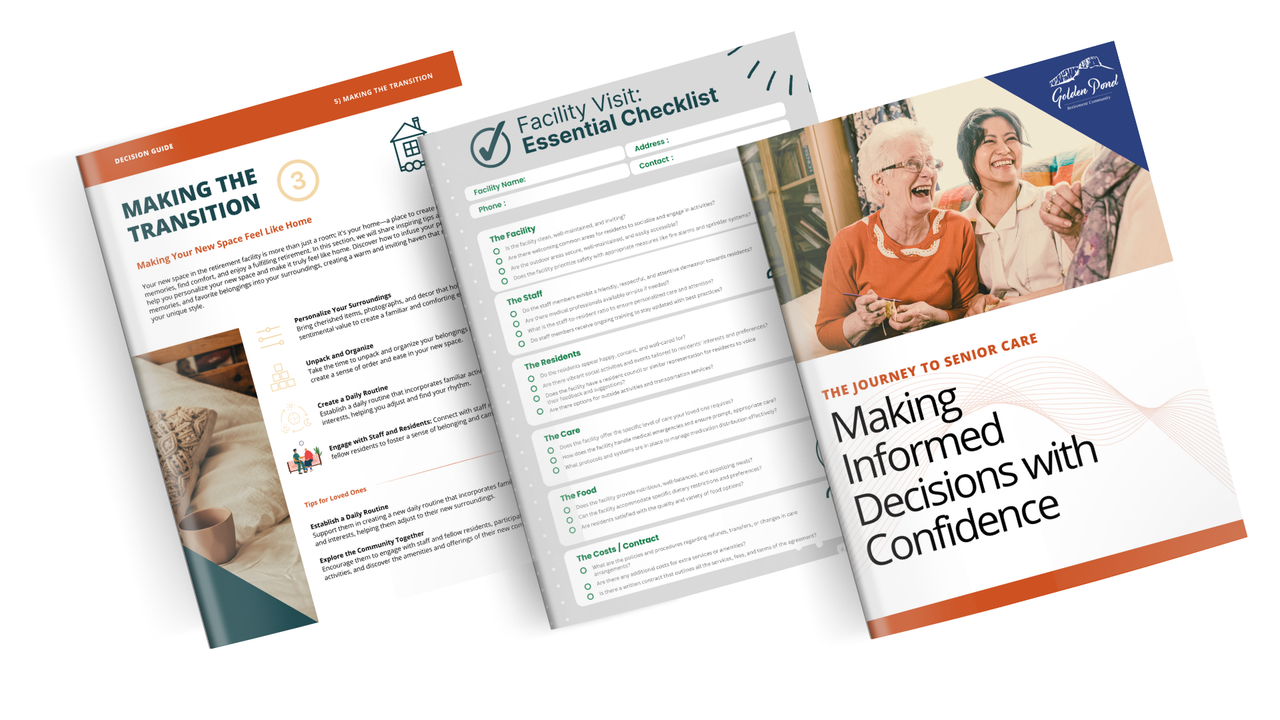 Preview spread from Golden Pond's senior care decision guide with guide pages, checklist, and cover.