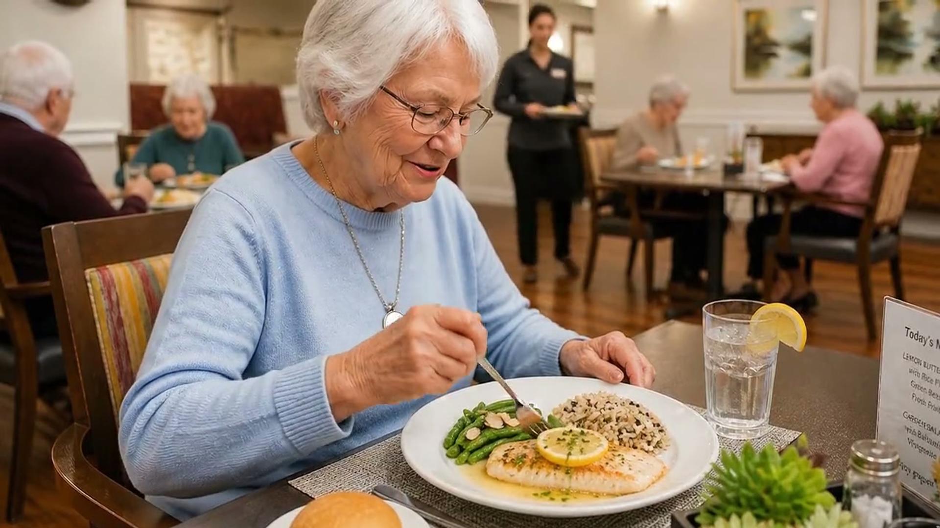 Bear Creek resident enjoying chef-prepared dining in the community dining room
