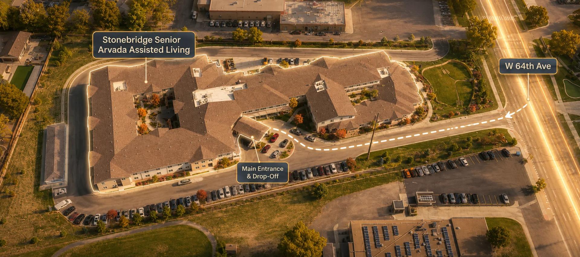 Annotated aerial map of Stonebridge Senior showing the building, W 64th Ave, and the main entrance and drop-off area.