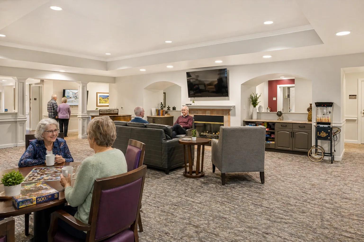 Lakewood assisted living great room at Bear Creek with social seating and daily activities.