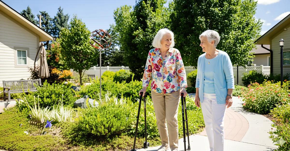 Gardens at Columbine courtyard with landscaped greenery and walking space.