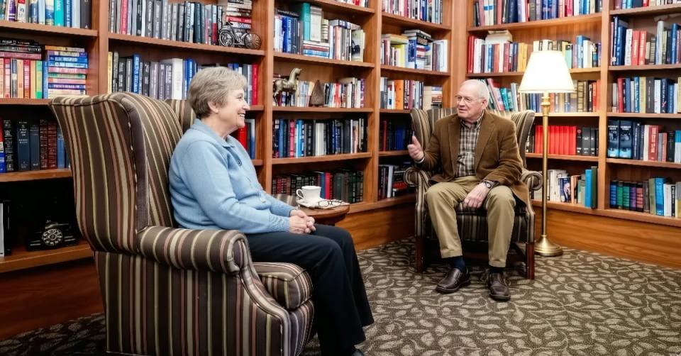 Two Gardens on Quail residents chatting in striped wing chairs among the library bookshelves
