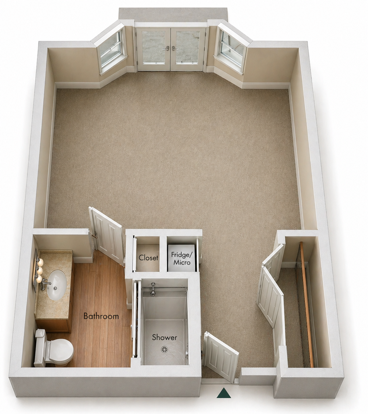 Bear Creek assisted living studio large floor plan with bay window, living area, bathroom, shower, and closet.
