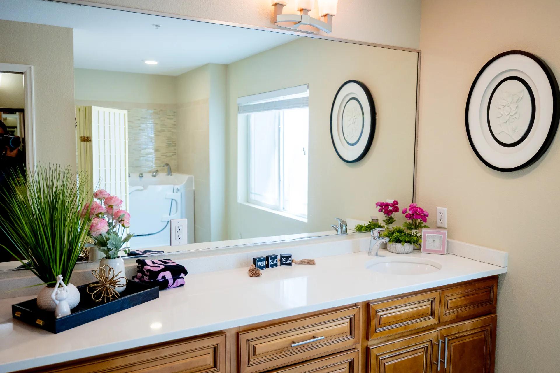 Stonebridge Senior spa room vanity with the walk-in tub reflected in the mirror