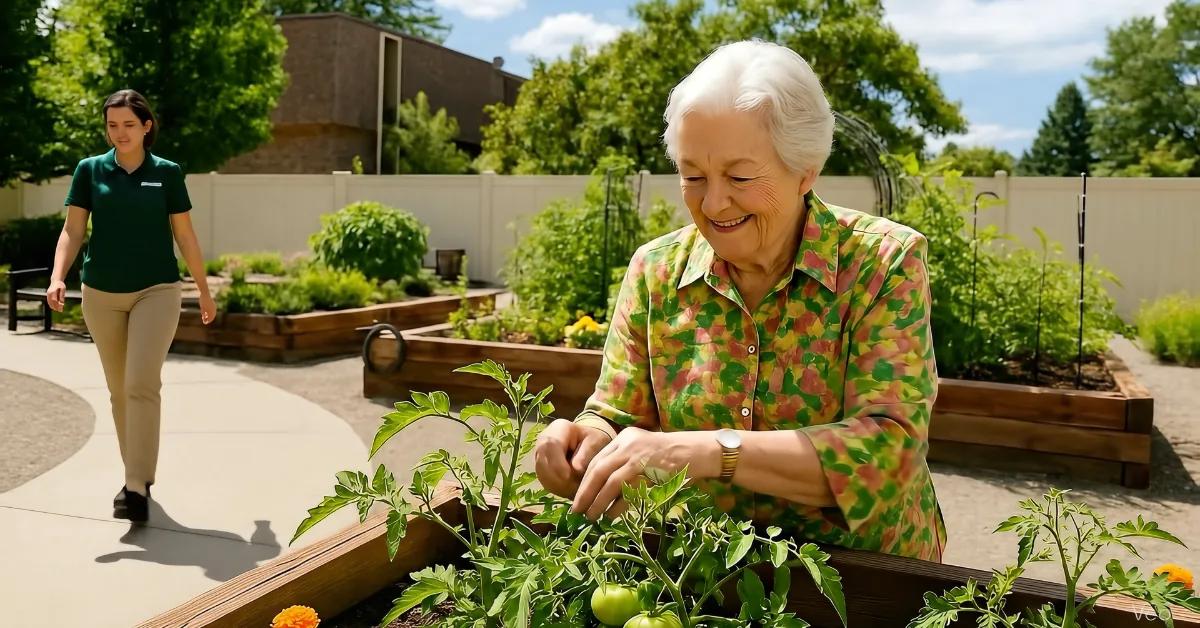 Gardens on Quail resident tending a raised garden bed while a staff member walks by