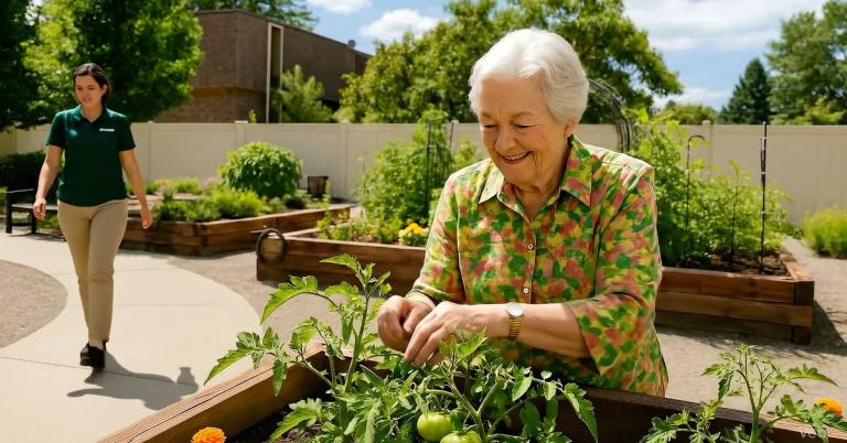 Gardens on Quail resident tending a raised garden bed while a staff member walks by