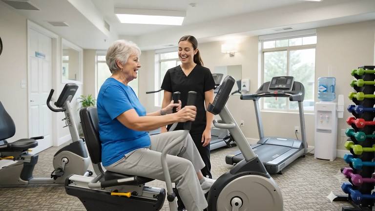 A person exercising on a stationary bike with a team member nearby in the Golden Pond fitness room
