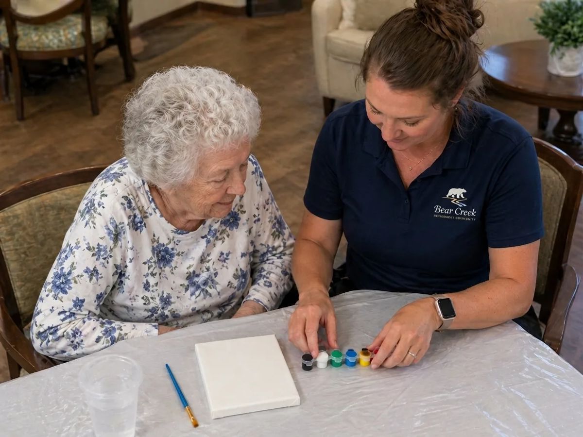 Bear Creek life enrichment staff member in a Bear Creek polo guiding a resident through a small-canvas painting class with acrylic paints
