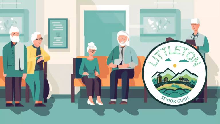 An illustration of seniors in a waiting room or common area, with a Littleton Senior Guide logo.