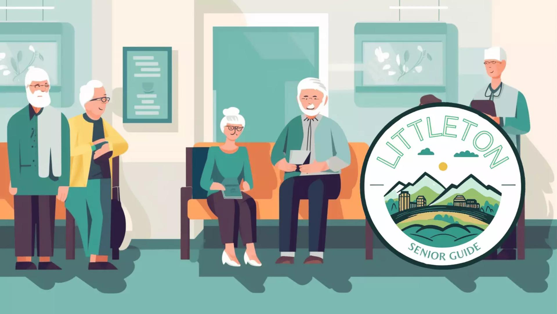 An illustration of seniors in a waiting room or common area, with a Littleton Senior Guide logo.