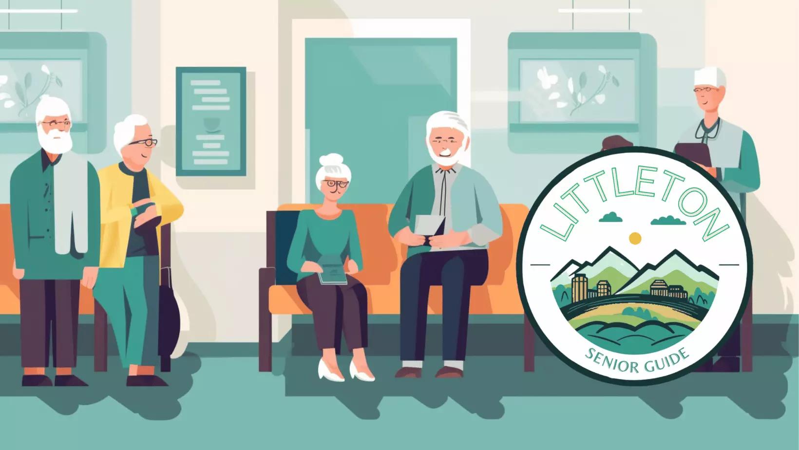 An illustration of seniors in a waiting room or common area, with a Littleton Senior Guide logo.