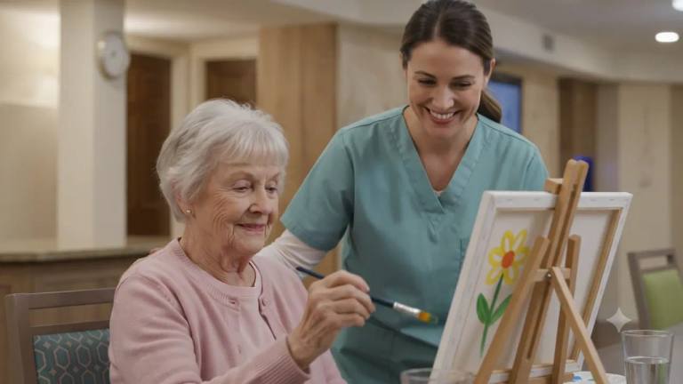 A resident painting at an easel with a team member nearby in the Golden Pond memory care activity room