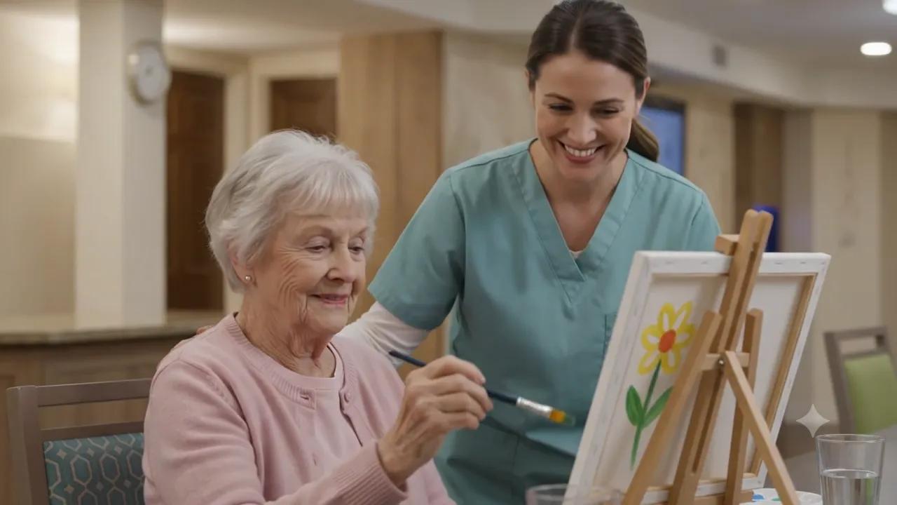 A resident painting at an easel with a team member nearby in the Golden Pond memory care activity room