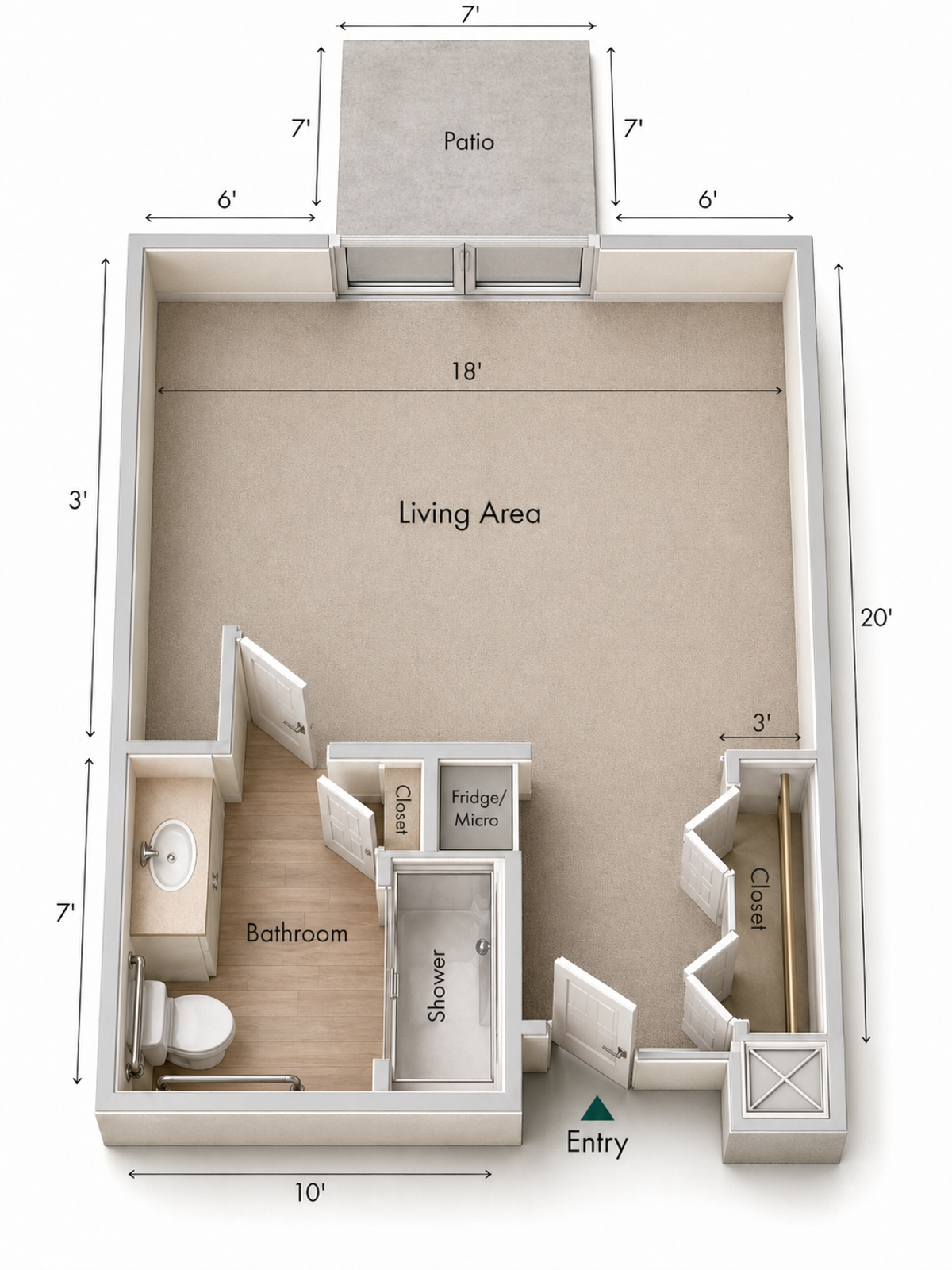 Bear Creek assisted living studio patio floor plan with labeled patio, living area, bathroom, shower, and closets.