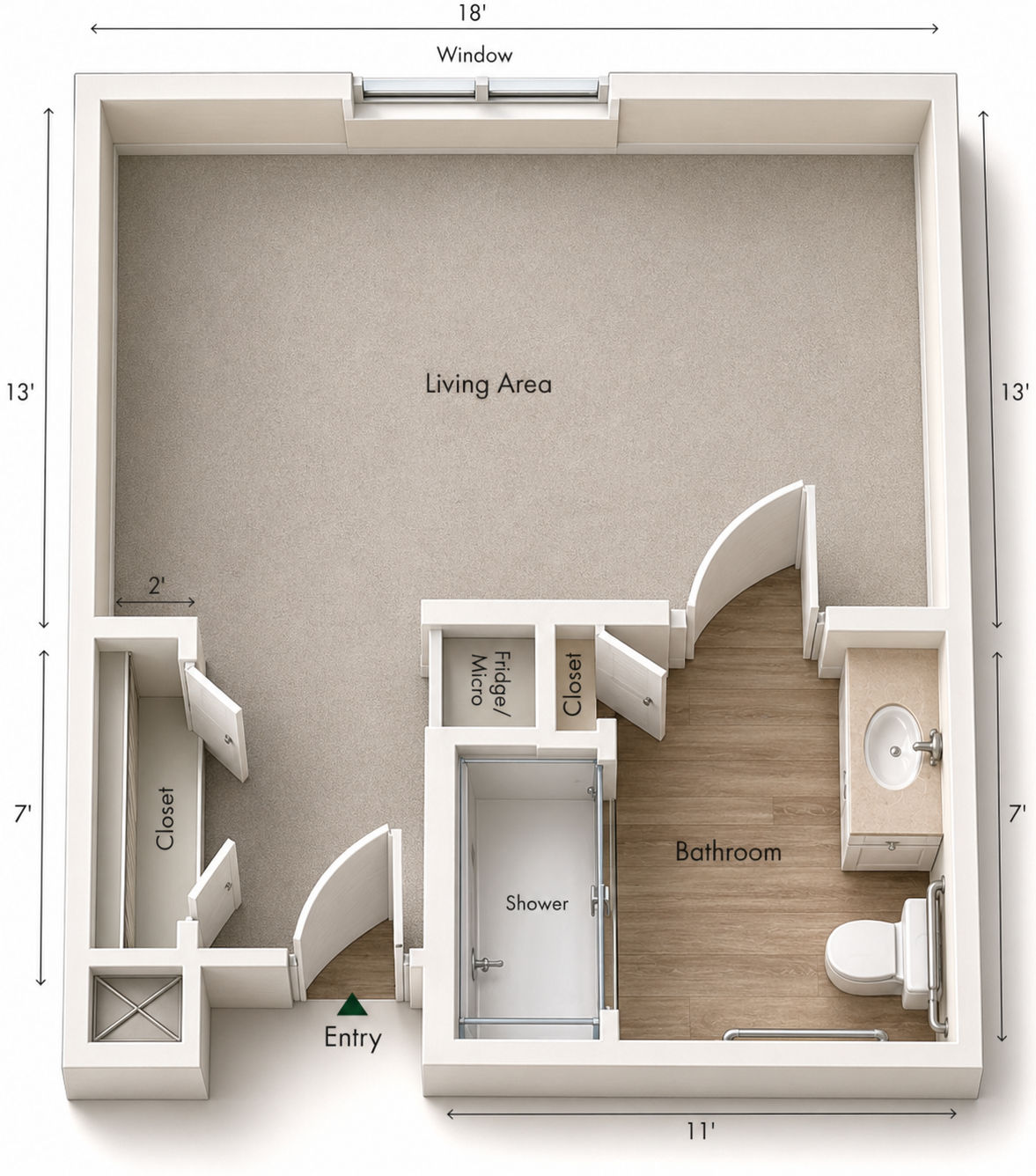 Bear Creek assisted living studio floor plan with labeled living area, bathroom, shower, and closet.