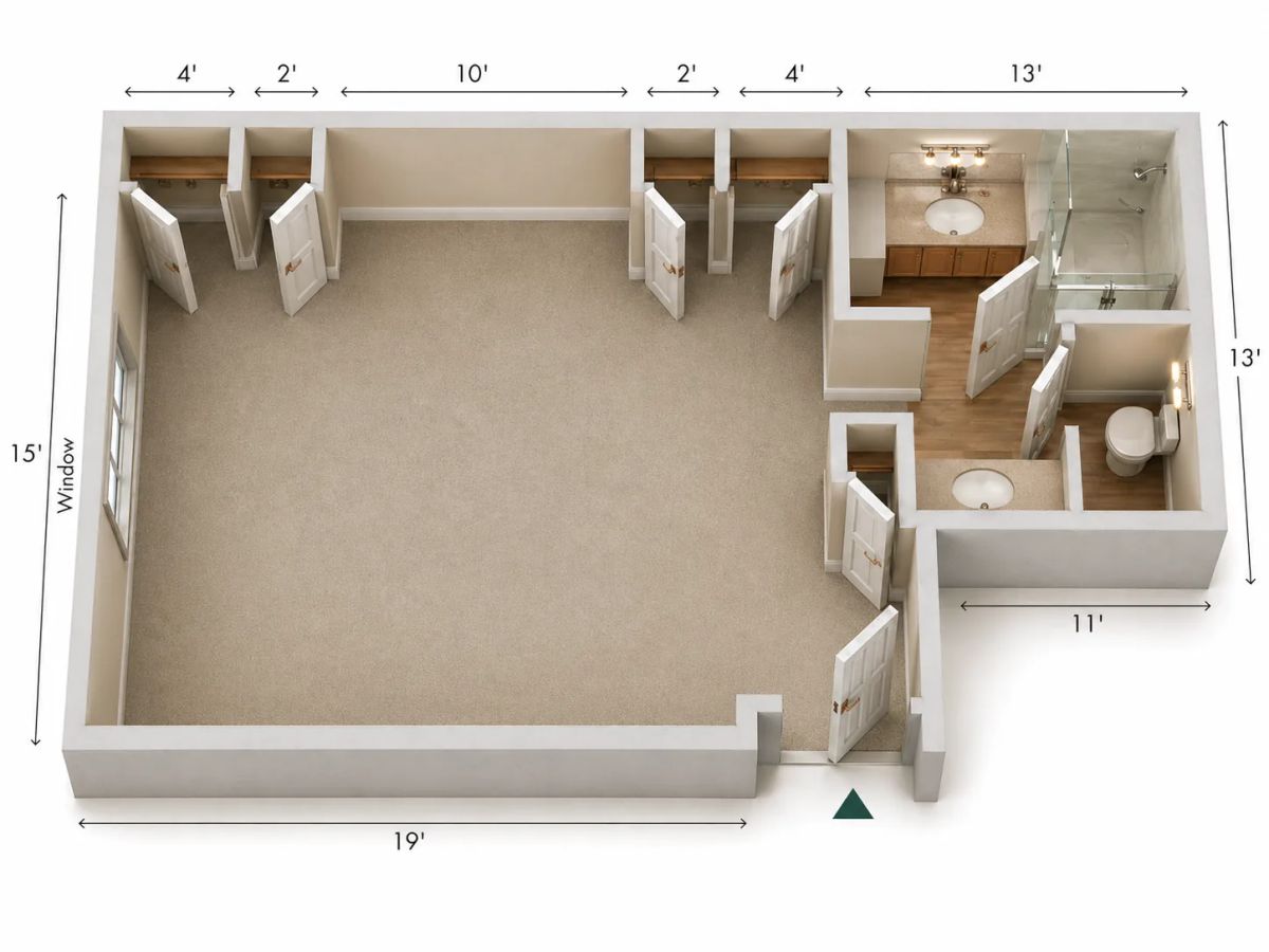 Bear Creek memory care floor plan with window, large living area, multiple closets, two sink areas, toilet room, and shower.