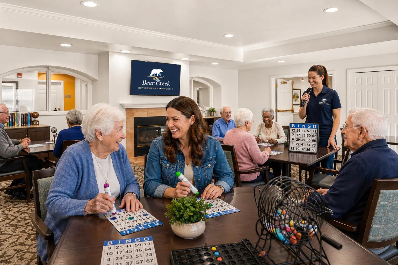 Bear Creek residents and a staff host playing bingo together in the great room