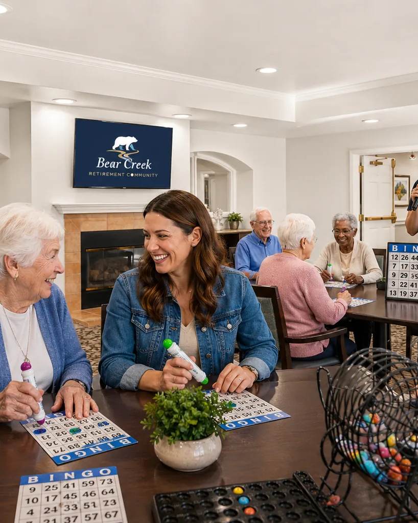 Bear Creek residents and a staff host playing bingo together in the great room