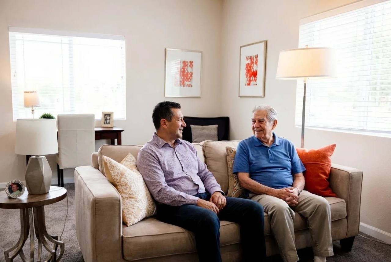Stonebridge Senior apartment living room with a resident and family member talking on the couch.