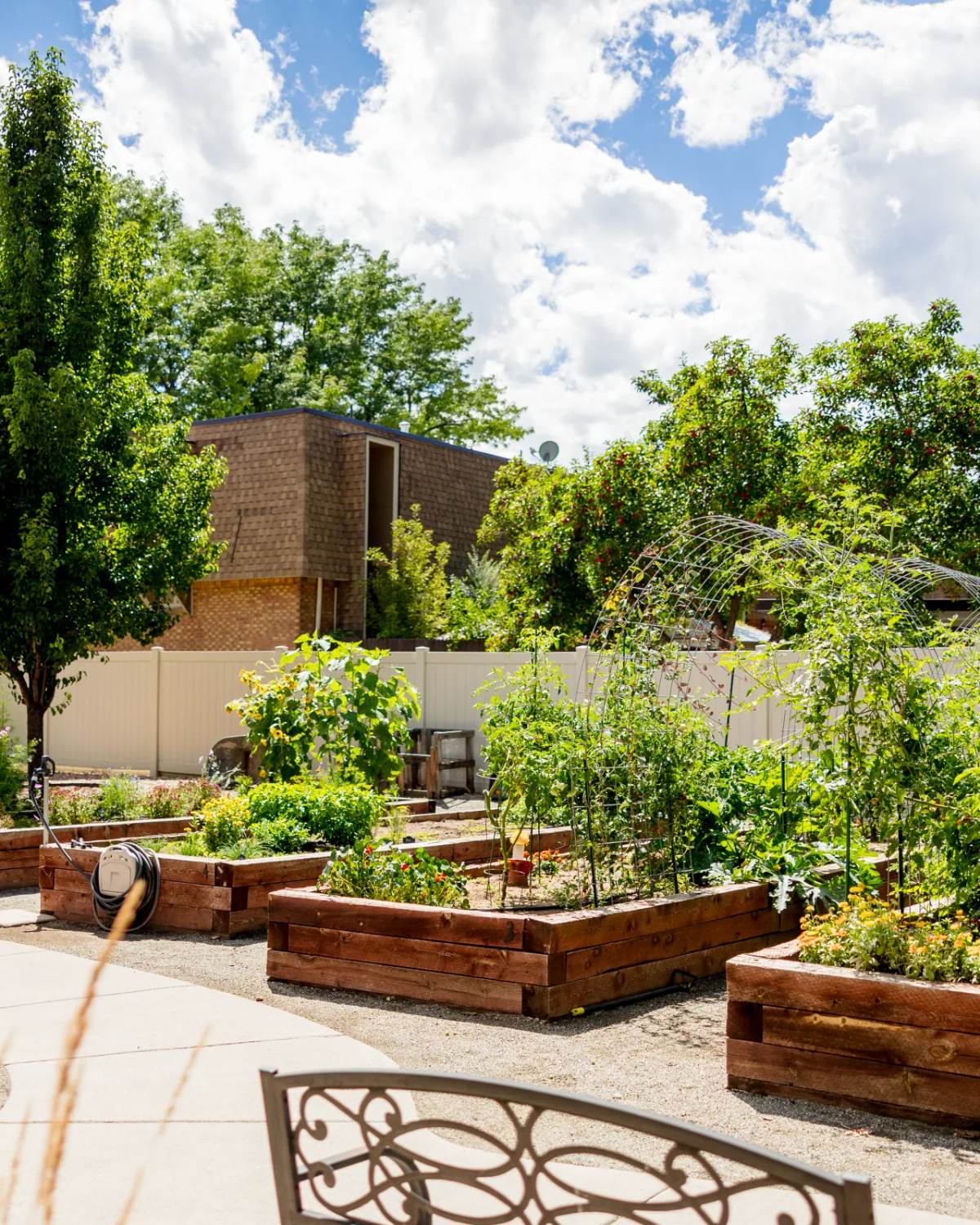 Gardens on Quail raised-bed garden with wooden bench and summer greenery