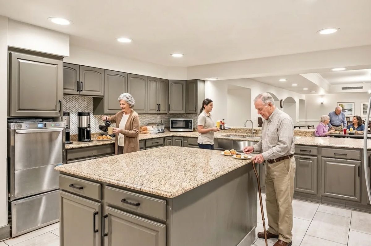 Coffee and snack area in Lakewood supporting daily memory care and assisted living routines.