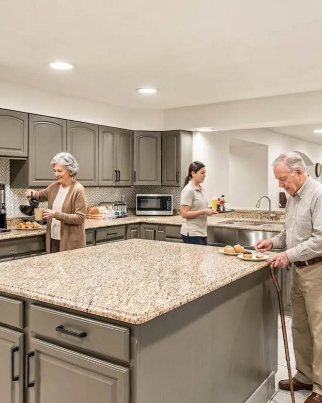Bear Creek residents chatting over coffee and fresh pastries at the snack room granite island