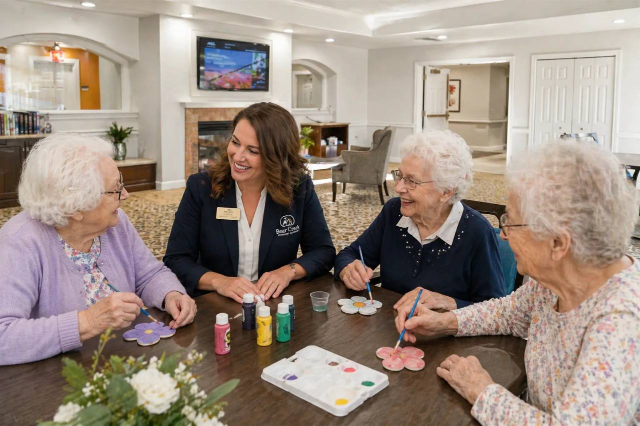 Residents and a Bear Creek staff member share a flower-painting activity around the table.