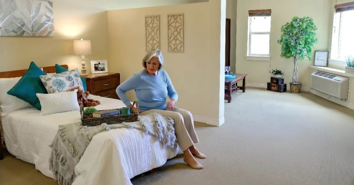 Gardens on Quail resident sitting on the bed in a one-bedroom apartment with natural light