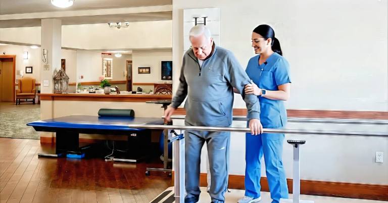 Gardens on Quail caregiver supporting a resident on the physical therapy parallel bars
