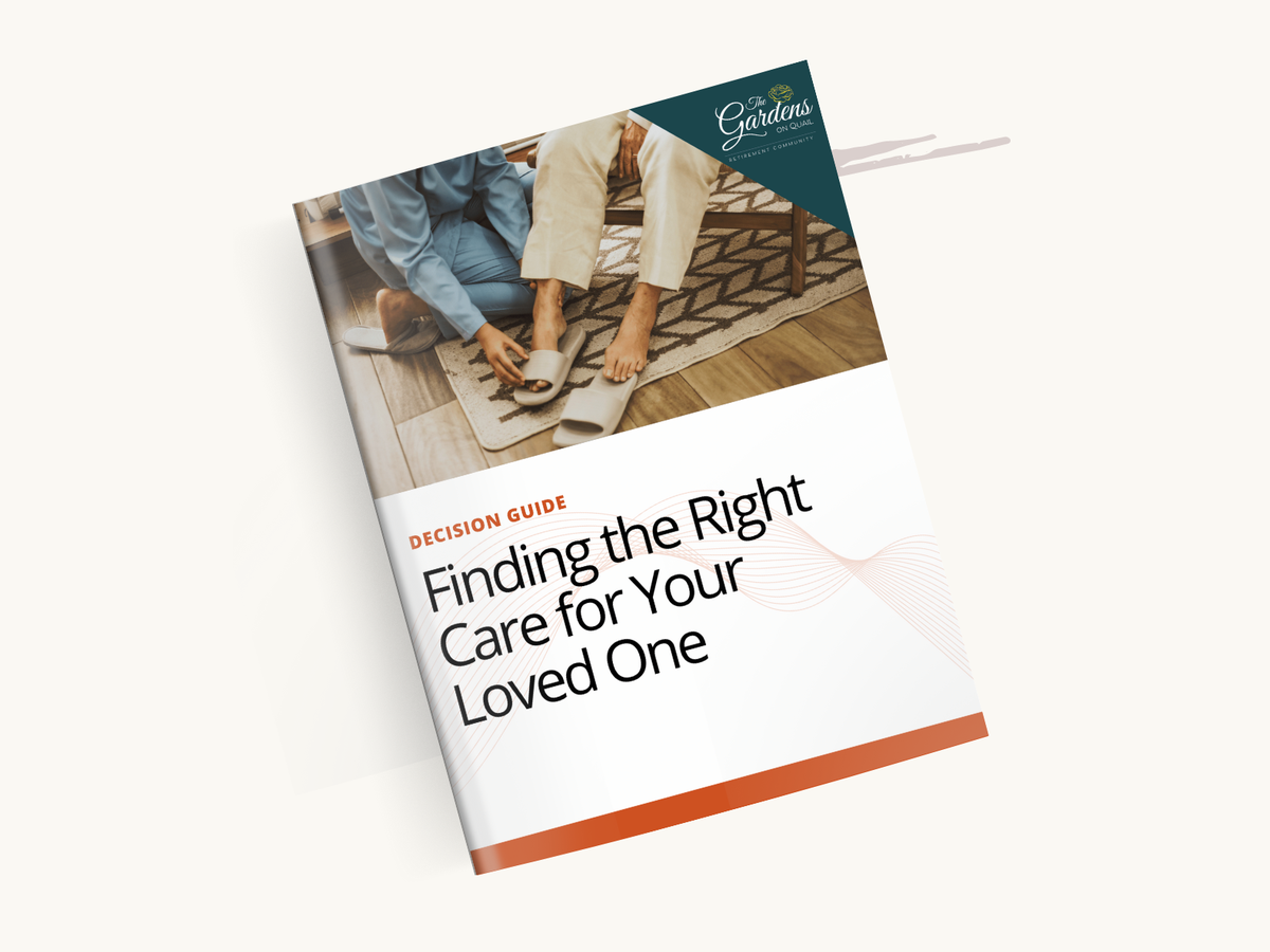 Mockup of the Gardens on Quail decision guide cover titled Finding the Right Care for Your Loved One.