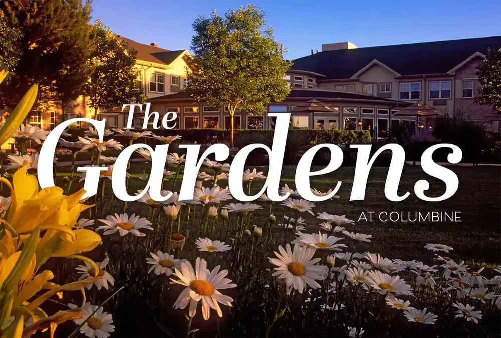 Gardens at Columbine building and flower garden at dusk
