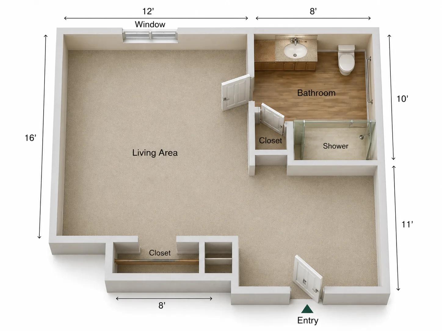 Bear Creek memory care private studio floor plan with window, living area, bathroom, shower, and closets.