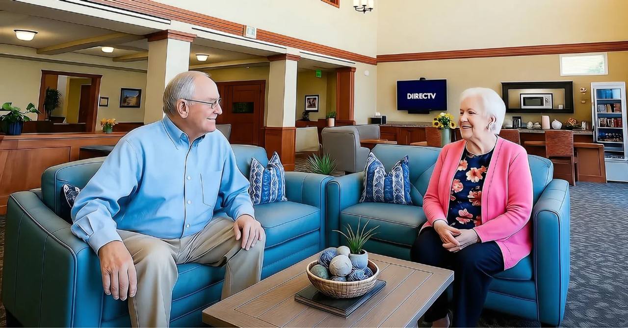 Two Gardens on Quail residents chatting on blue sofas in the main lobby seating area