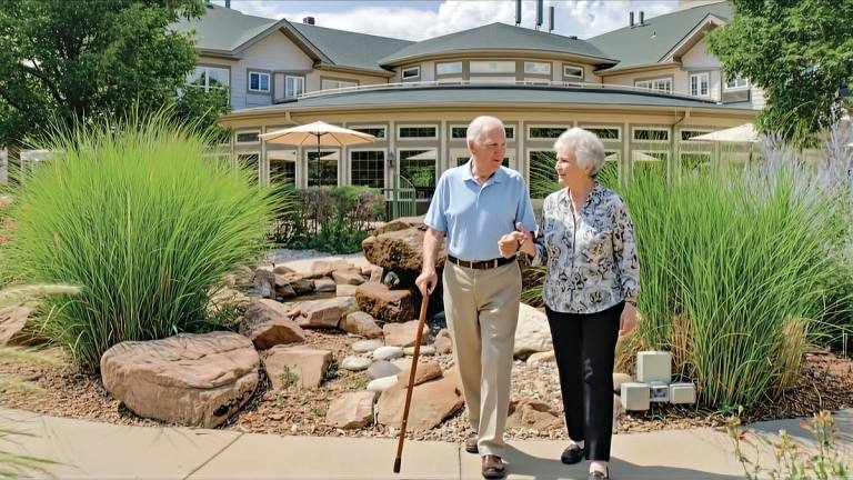 Gardens at Columbine residents walking beside the garden pond