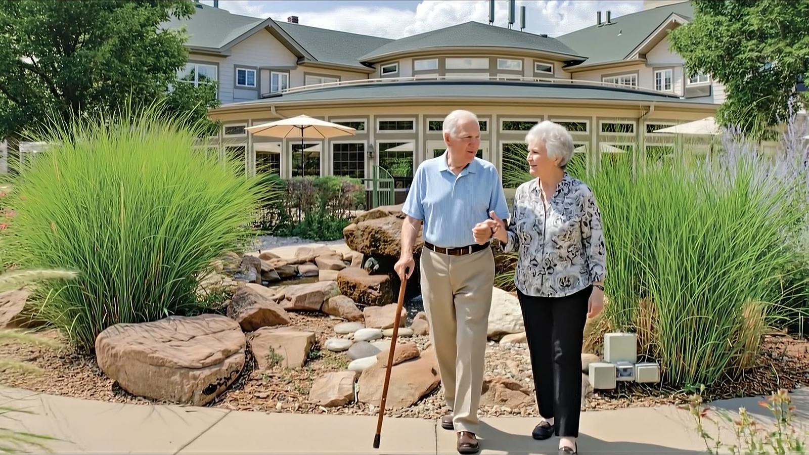 Gardens at Columbine residents walking beside the garden pond