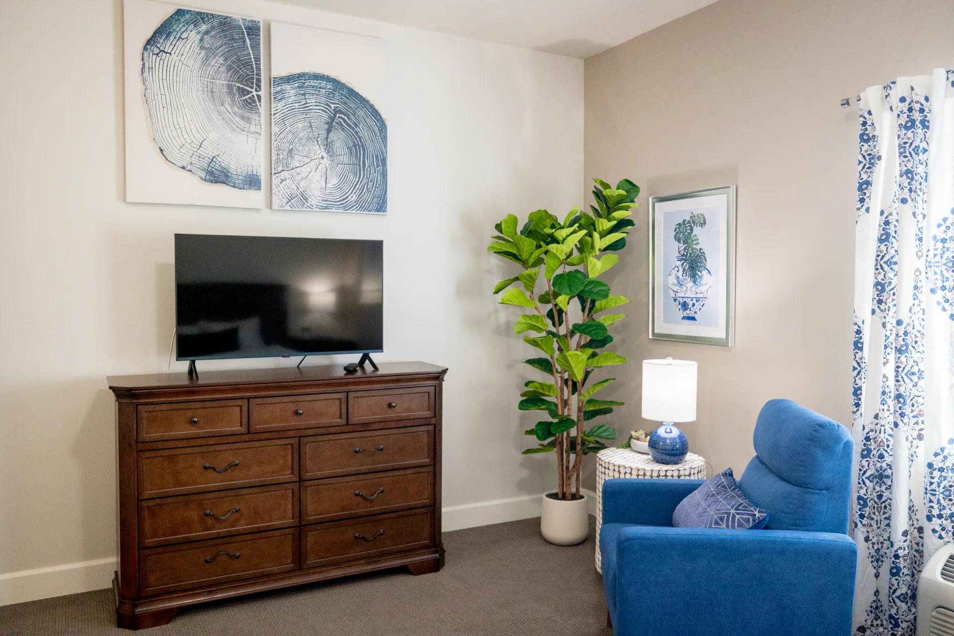 Television, dresser, blue chair, and window in a furnished Bear Creek apartment