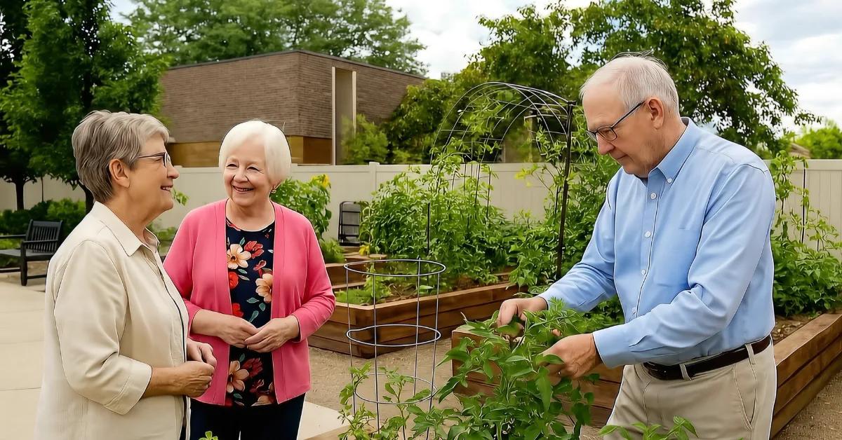 Three Gardens on Quail residents gathered at raised community garden beds on a sunny day
